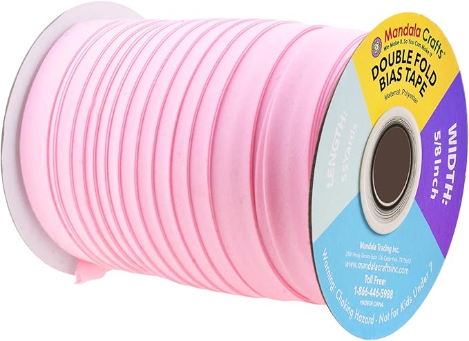 Mandala Crafts 55 Yards 5/8 Inch Light Pink Double Fold Bias Tape for Sewing - Bias Binding Tape for Quilting Binding, Hemming, Seam, and Fabric Piping