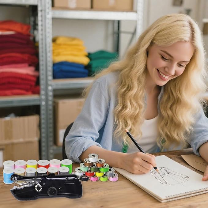 Handheld Sewing Machine with Storage & 42-Piece Sewing Kit, Portable Mini Sewing Machine for Beginner, Electric Switch, 2 Speed Modes, Easy to Operate, Hand Stitching Machine for DIY Fabrics Clothes