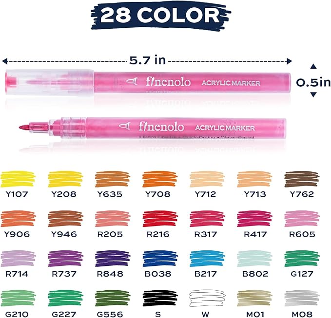 Acrylic Paint Pens Markers, 28 Colors, 0.7 mm, Fine Tip Markers, Perfect for Rock Painting, Ceramic Mug, Fabric, Glass, Wood, Includes Cardstock