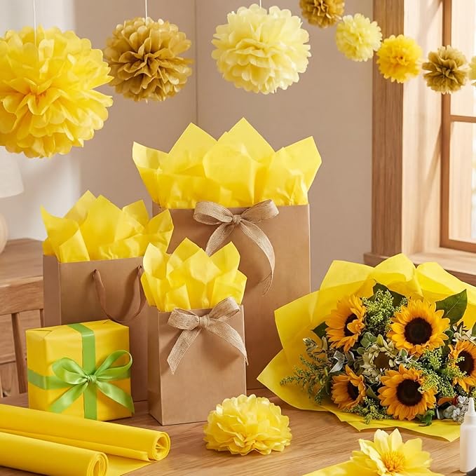 Qilery 500 Sheets Yellow Tissue Paper Bulk for Gift Bags 15 x 20 Inch Acid Free Packaging Wrapping Paper Sheets for Mardi Gras Easter Party Decoration DIY Craft, Bouquet, Pastry, Wedding