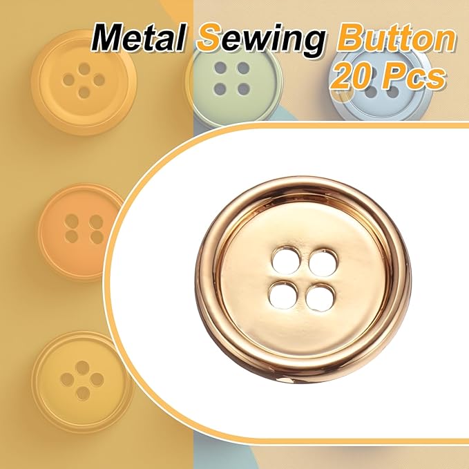 HARFINGTON 20pcs Metal Sewing Button, 20mm 4-Hole Round Suit Shirts Coats Clothes Sewing Buttons for Decoration Craft, Gold