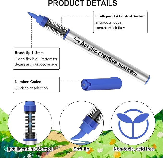 10 Color Acrylic Paint Markers Brush Tip, Waterproof, No-Bleed Ink with Automatic Ink Control, Premium Paint Pens for Rock, Wood, Canvas, Glass, Fabric for Professional and Adult Artists