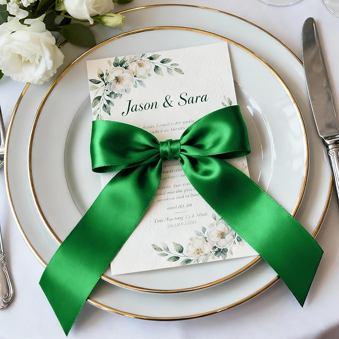 1-1/2" x 100 Yards Satin Ribbon - Wide Silk Green Ribbon with Spool - Ideal for Gift Wrapping, Floral Bouquets, Crafts, Wedding Party Decorations, Christmas and Sewing Projects