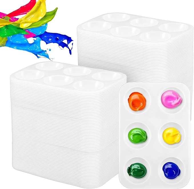 150pcs White Plastic Paint Tray Palette, 6 Well Rectangular Acrylic Paint Palette Watercolor for Students Kids, Durable Paints Holder Tray for Painting Party, DIY Craft and Art Painting Class