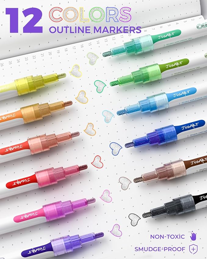 JusArt Outline Sparkle Markers, 12 Metallic Shimmer Pens for Adult Coloring, Cool Fun Drawing Supplies for Christmas, Easter, Halloween