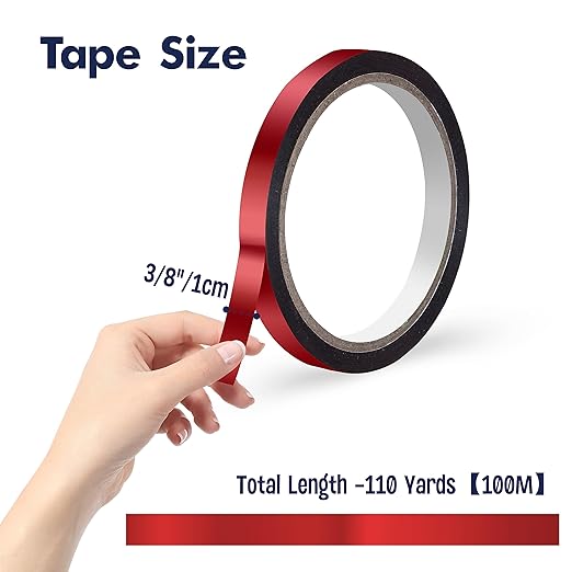 110 Yard Red Sparkle Graphic Tape, 2 Rolls Metallic Washi Tape Water/Tear Resistant Metallic Mirror Wrapping Removable with No Residue for Gift Box Home School Office Decoration, 3/8 Inch x 55 Yards