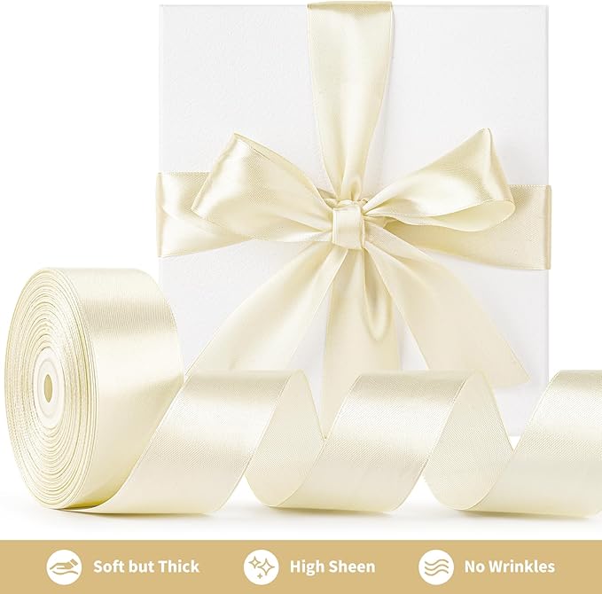 1-1/2 Inch Wide Ivory Satin Ribbon, 50 Yards Solid Polyester Fabric Ribbon for Roses Making, Gift Wrapping, Valentine's Day, Wedding Decorations, Crafts, Bows