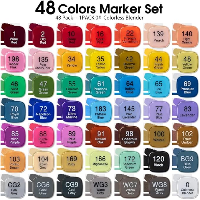 TRANSON Alcohol Markers for Drawing Coloring 48 Colors Dual-tip Fine and Brush Tips