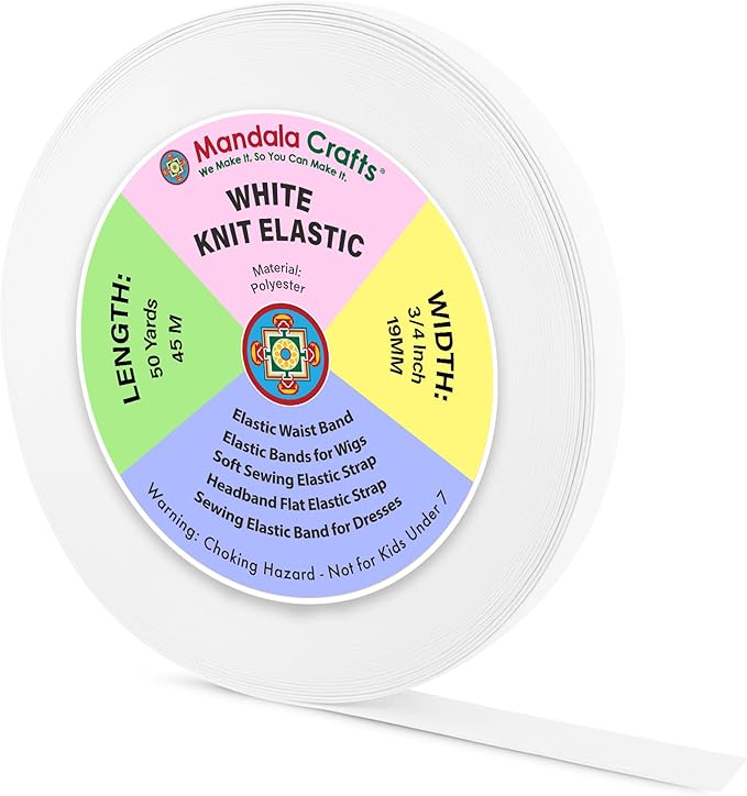 Mandala Crafts Wide 3/4 Inch White Elastic Bands Spool for Pants Waistbands Sewing and DIY Crafts, 50 YD Stretchy Flat Fabric Strap Knit Elastic Band for Wig