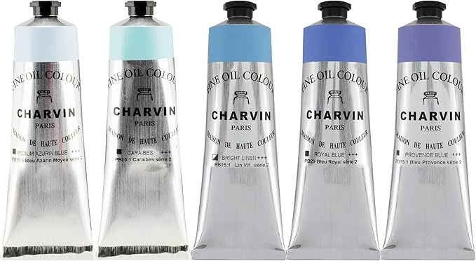 Charvin Fine Artists' Oil Paints - Elite Artists' Oils from The French Riviera for Painting, Classrooms, Plein Aire, & More! - [Softer Blues - 150 mL Set of 5]