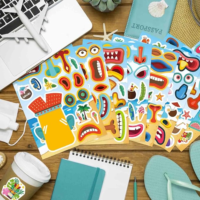 24 Sheets Tiki Make a Face Stickers, Tropical Hawaiian Stickers for Kids Summer Luau Party Favors Decoration