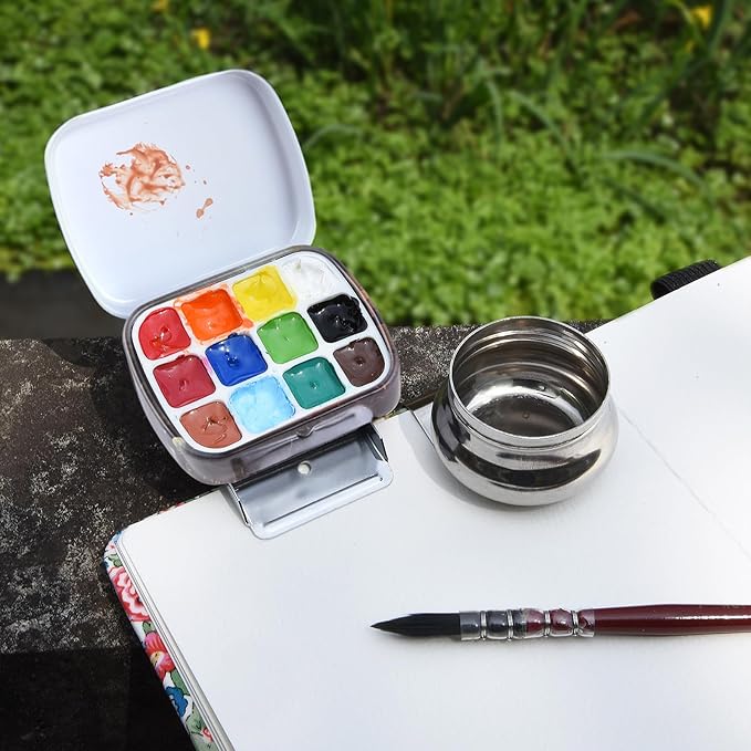 Portable Mini Tin Box,12-Well Empty Watercolor Palette,Small Paint Storage Travel Artist Outdoor Sketch Watercolor Kits with Magnetic Clip and Oil Pot.Bosch Hell
