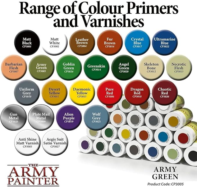 The Army Painter, Base Primer Army Green, 400 mL Acrylic Spray Primer, Spray Paint Basecoat for Miniature Priming, Tabletop Roleplaying, Boardgames, and Wargames Miniature Modellin