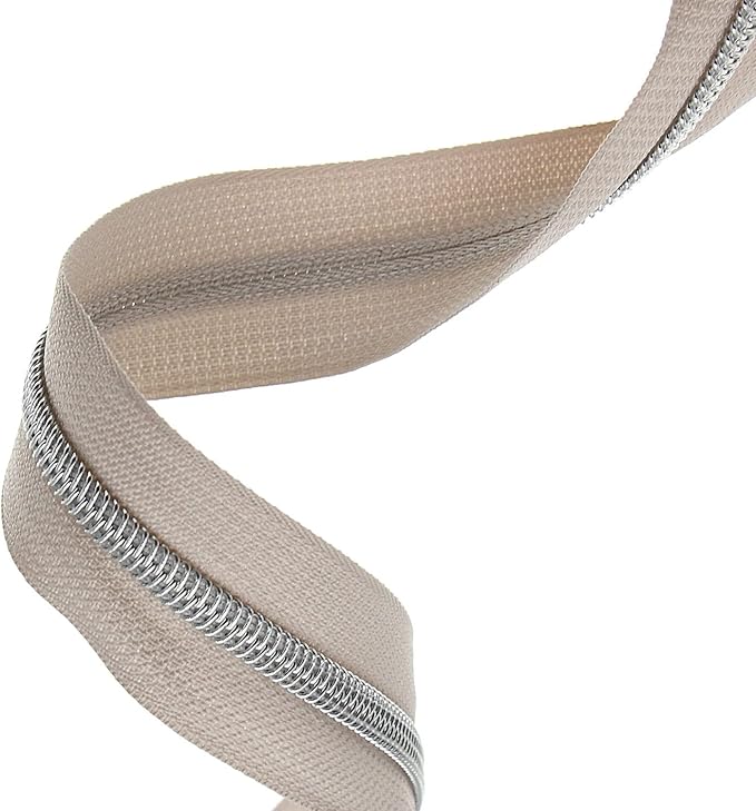 #5 Silver Metallic Nylon Coil Zipper by The Yard, Bulk 10 Yards Beige Zipper Tape Silver Teeth with 25PCS Silver Zippers Pulls for Sewing, Bags, Purses YIGUANXIN