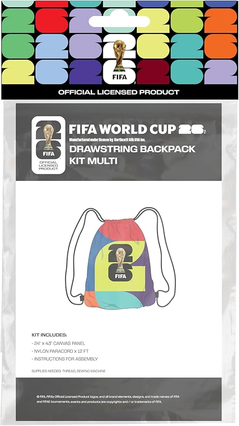 FIFA World Cup DIY Drawstring Backpack Kit – Soccer Fan Sewing Craft Project – Includes 24" x 43" Multicolor Canvas Panel, 12ft Nylon Paracord & Instructions – Create a 17" x 13" Handmade Sports Bag