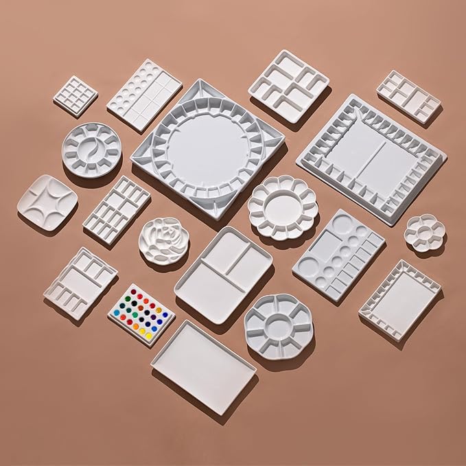 MEEDEN 24-Well Ceramic Watercolor Paint Palette with Cover, Porcelain Mixing Artist Palette 6 by 4-1/2 inch for Artist Watercolor Gouache Painting Coloring