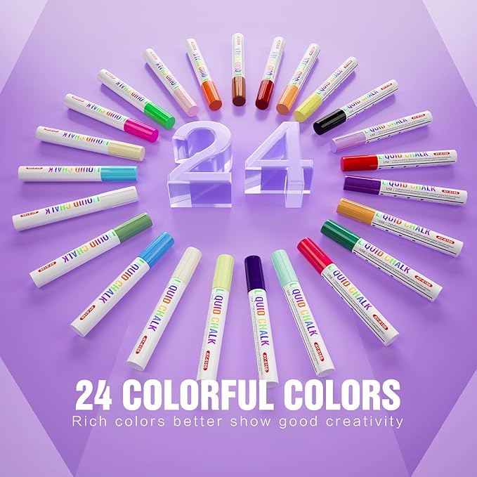 IJIANG 24 Colors Liquid Chalk Markers with 6mm Reversible Bullet & Chisel Tip, Dust Free Chalk Markers for Blackboards Chalkboard Signs Whiteboard Calendar Window Glass