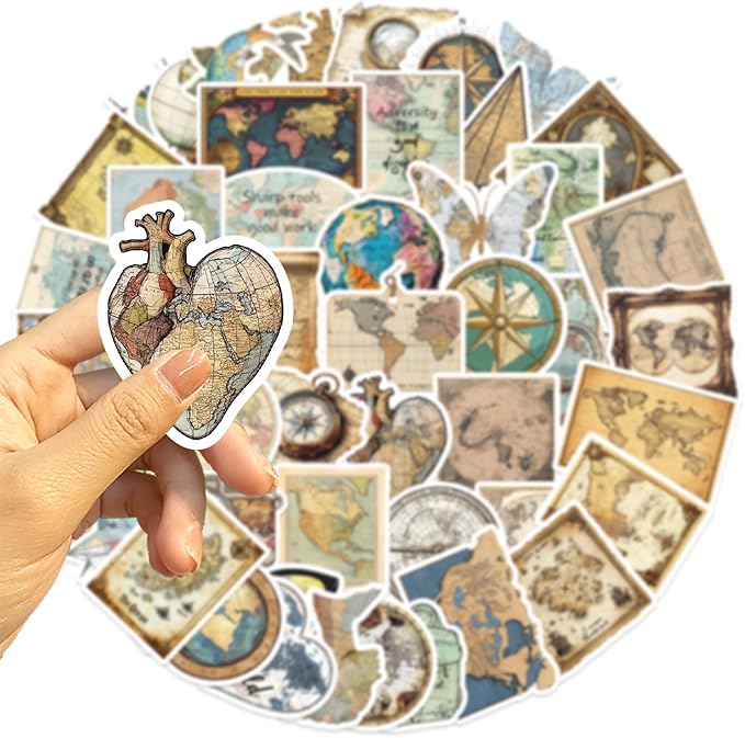 50Pcs Vintage Maps Stickers Pack, Graffiti World Maps Decals for Suitcase Guitar Water Bottles Laptop Computer Scrapbook Kindle Journal, Retro Waterproof Stickers for Adults