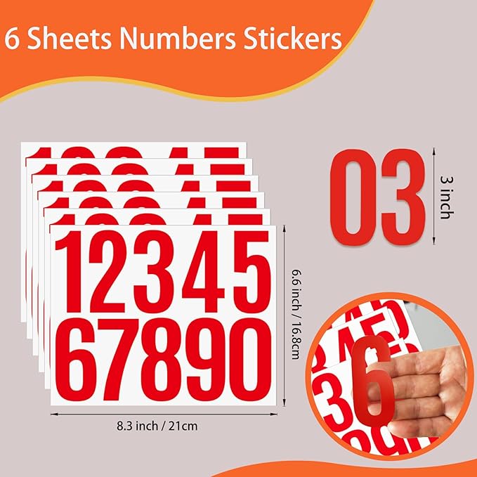 6 Sheets 3 Inch Mailbox Numbers Stickers Vinyl Decals,Self Adhesive Number Waterproof House Address Numbers for Outside Mailbox,Signs,Window,DIY Crafts Making,Door,Car,Home,Business(Red)