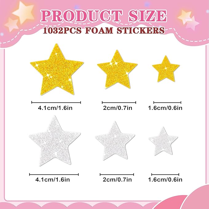 1032Pcs Foam Star Stickers,Glitter Foam Stickers Small Large Star Shape Sticker Self Adhesive,8Sheets Colorful Sticker for Kids Reward Arts Crafts Supplies Scrapbook Christmas Decor(8,Gold and Silver)
