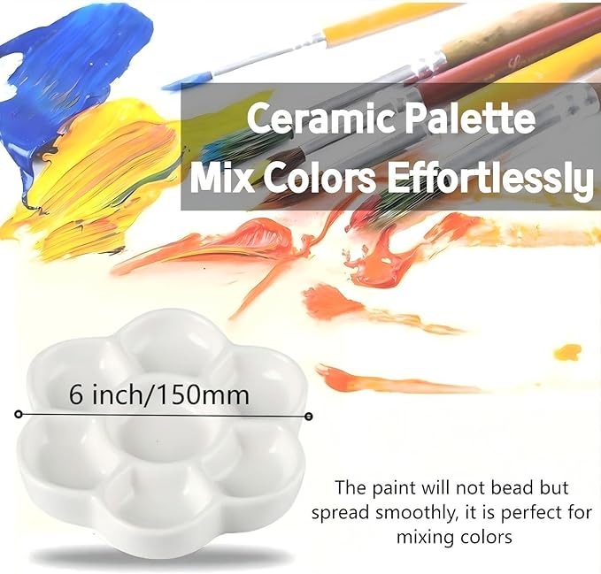 Porcelain Watercolor Palette, Ceramic Artist Paint Palette, Watercolor Mixing Tray for Watercolor Gouache Acrylic Oil Painting (6 * 6'' 7-Well Round)