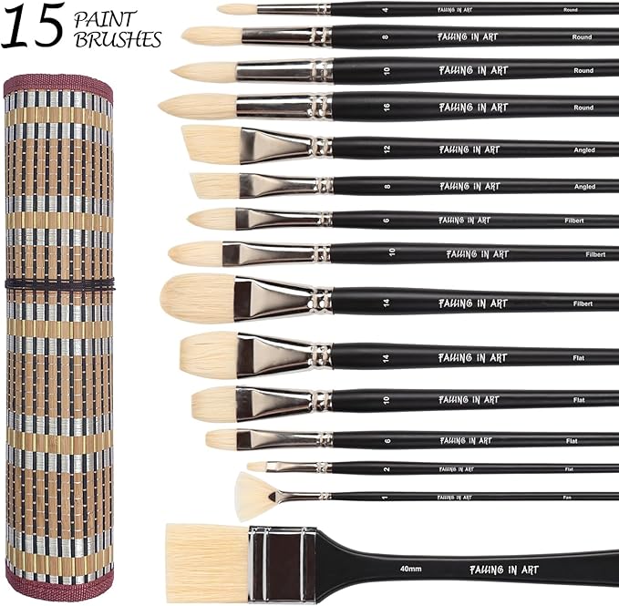 Falling in Art Natural Bristle Professional Paintbrush Set, 15PCS Long Handled Paint Brushes for Acrylic Painting, Oil Paint Brushes with Bamboo Storage Pouch