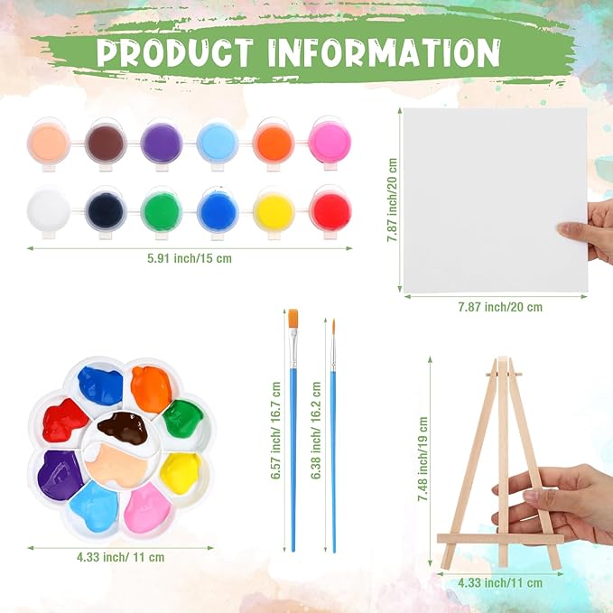 Qilery 12 Set Acrylic Paint Kit Mini Stretched Canvas with Easel, Acrylic Paints Strips, Brushes, Palette, Art Set for Kids Adults Classroom Birthday Party Favors(7.9 x 7.9 Inch)