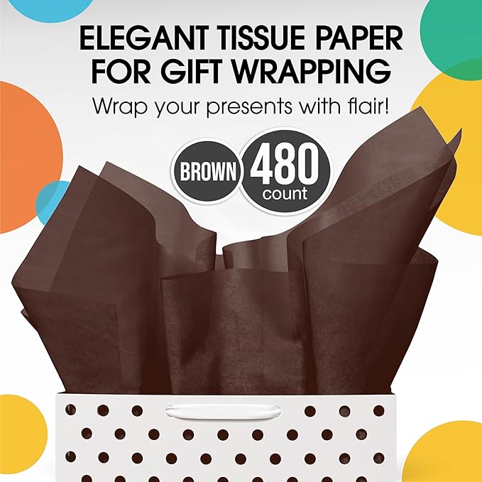 Party Solids Brown Tissue Paper for Gift Bags - 20" X 30" Bulk Tissue Paper Brown 480 Sheets 17 GSM - 10lb Newsprint for Packing, Birthday Gift Box Filler, Packing Supplies & Moving Supplies