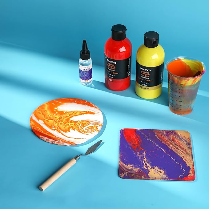 Nicpro 14 Colors 8.45oz Acrylic Pour Paint Supplies Kit, Large Volume Premixed High Flow Painting Bulk Set with Canvas, Wood Natural Slices, Pouring Oil, Tools Gloves, Strainer, Cups for Beginner DIY