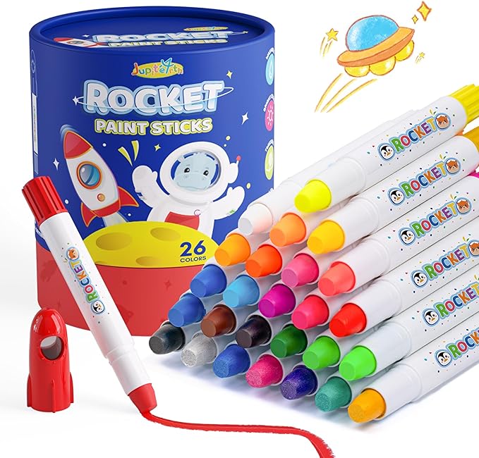 JUPITEARTH 26 Colors Rocket Tempera Paint Sticks with 120 PDF Coloring Pages, Quick Drying, Non-Toxic and Washable Paint Sticks for Kids and Students, Art Supplies for Drawing on Paper and Canvas