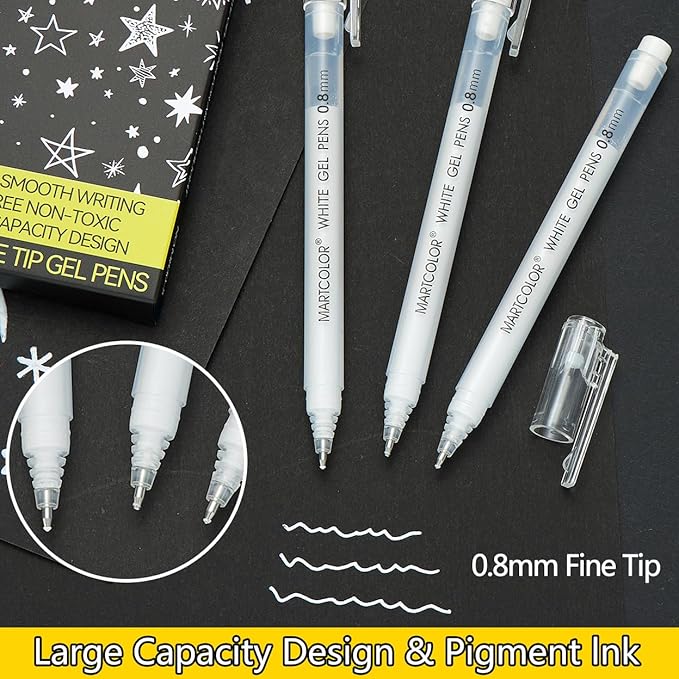 White Gel Pens, 0.8mm Extra Fine Point Opaque Archival Ink Pen for Black Paper Drawing, Art Highlight, Illustration, Bullet Journaling, Card Making & DIY Projects, 3 Pack