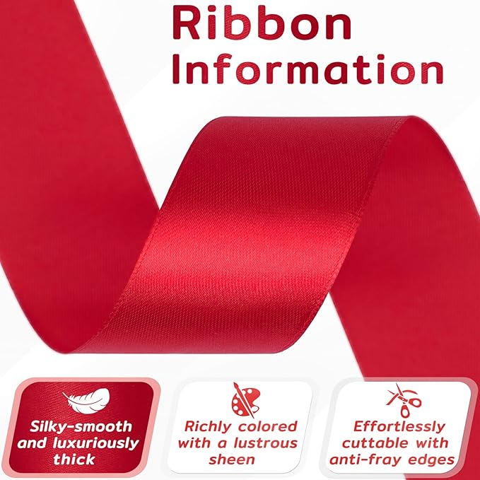 60 Yards Red Satin Ribbon 1-1/2 Inch, Solid Polyester Fabric Ribbon for Gift Wrapping, Crafts, Flower Bouquet, Wedding, Baby Shower, Festival, Christmas, Halloween, Mother's Day