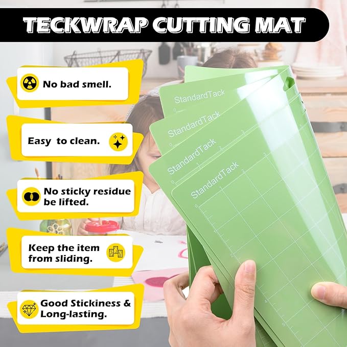 TECKWRAP 4 Pack 12"x12" Green Standard Adhesive Cutting Mats, with Precision Vinyl Pin Pen & 6 Inch Squeegee - Ideal for HTV, Vinyl, Quilting & Crafting, Compatible with Popular Cutting Machines