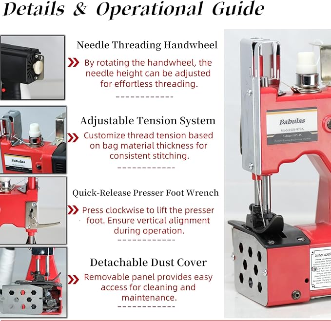 Bag Sewing Machine - 2s/bag Heavy Duty Portable Stitching Machine for Woven Bags, Non-Woven Fabrics, Leather | Warehouse & Farm Packing Tool (Red, Corded - 110V AC)