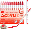 kander 12 Colors Dual Tip Acrylic Paint Markers, Red Color — Extra Fine & Soft Brush Pen Set with Direct Ink Flow for Sketching, Detailing, Coloring on Wood, Canvas, Rock, Glass, DIY Crafts