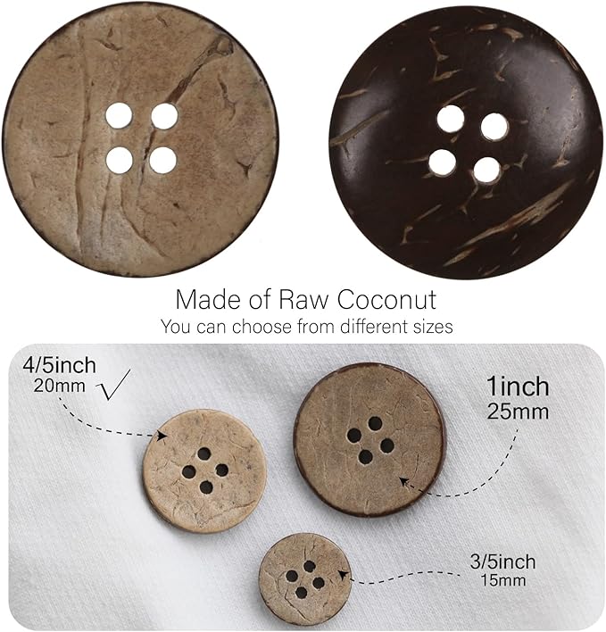 20mm Brown Coconut Shell Buttons 4/5 inch 4 Holes 100PCS