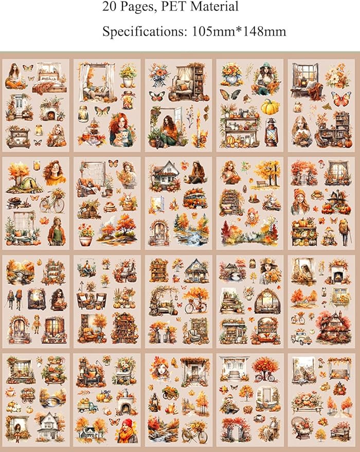MAFELOE 20 Pages PET Scrapbook Stickers, Aesthetic Deco Supplies for Journaling Junk Bullet Diary Album Calendars-Travel Scenery Series-Orange (Y3-P-SSYS)