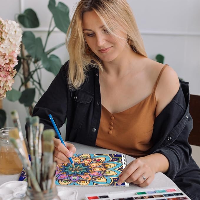 2Pcs Mandala Adult Coloring Books for Women Relaxation with 36 Color Pencils, Adult Coloring Book Spiral Bound, Thick Paper One Sided Design, Coloring Pencils for Adults with Mandala Coloring Books