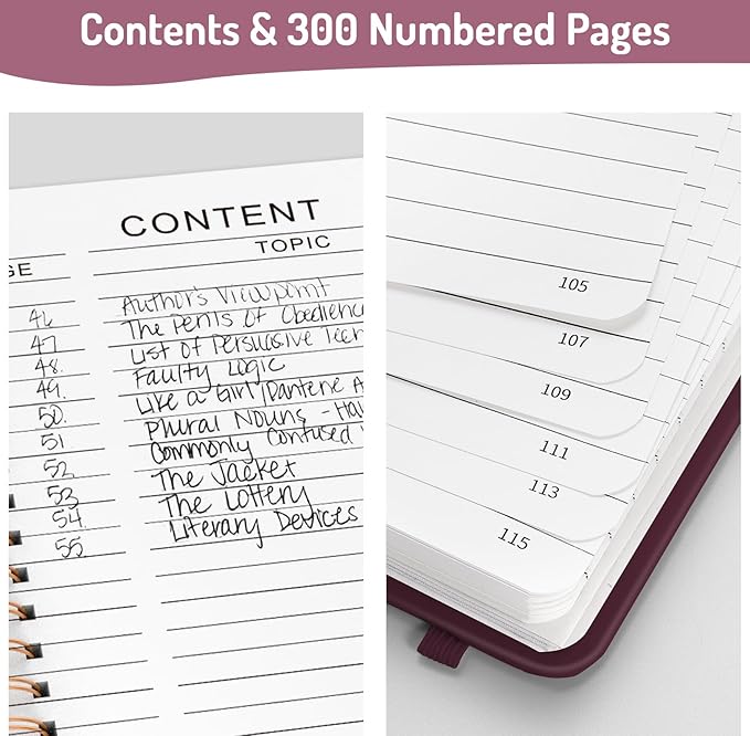 Forvencer Lined Spiral Journal Notebook with 300 Numbered Pages, A5 Thick Journals for Writing with 100GSM Paper, Hardcover Notebooks with Contents for Work, School, Women, Men, Burgundy