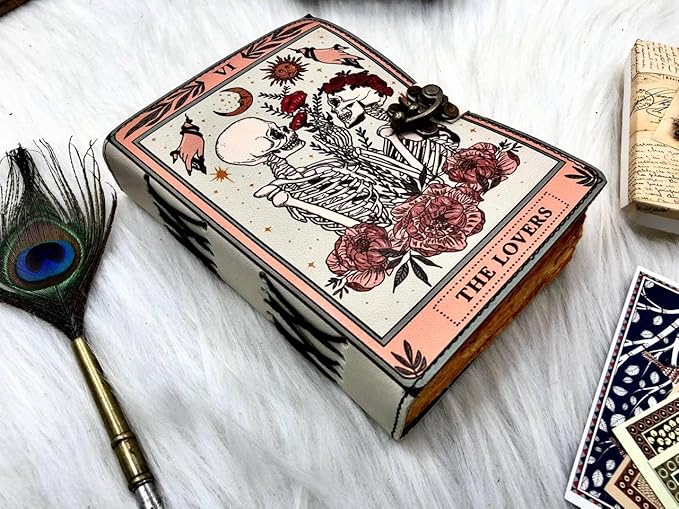 Book of Spells Leather Journal Deckle Edge Paper Grimoire Printed Journal The Lovers Tarot Notebook Spiral Gothic Notebook Skull lover Antique Vintage Leather Journals for Men and Women