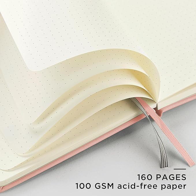 &And Per Se Dotted Journal Notebook, A5 Hardcover Leather Bullet Dotted Journal, 160 Pages 100 gsm Thick Paper，3 Sheets of Stickers Included - 5.7'' x 8''（Pink）