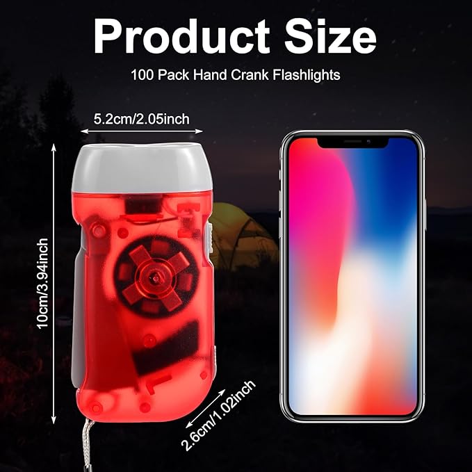 Retisee 48 Pcs Hand Crank Flashlight No Battery Required Torch Light Manual Press Flashlight 3 LED Squeeze Torch Light for Shoeboxes Camping Hiking (Red, Gray, Yellow, Green)