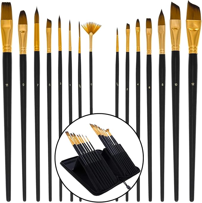 U.S. Art Supply 15 Piece Artist Long Handle Synthetic Paint Brush Set - Multi Functional Watercolor Gouache Oil Acrylic Brush Set in Zippered Nylon Pop-Up Travel Storage Case
