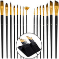 U.S. Art Supply 15 Piece Artist Long Handle Synthetic Paint Brush Set - Multi Functional Watercolor Gouache Oil Acrylic Brush Set in Zippered Nylon Pop-Up Travel Storage Case