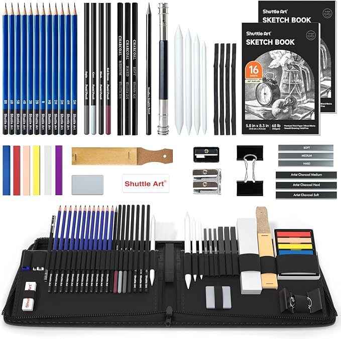 Shuttle Art 52 Pack Drawing Pencils Set, Professional Art Kit with Graphite Charcoal Sticks, Drawing Pad in Portable Case, Ideal for Kids and Adults Artists