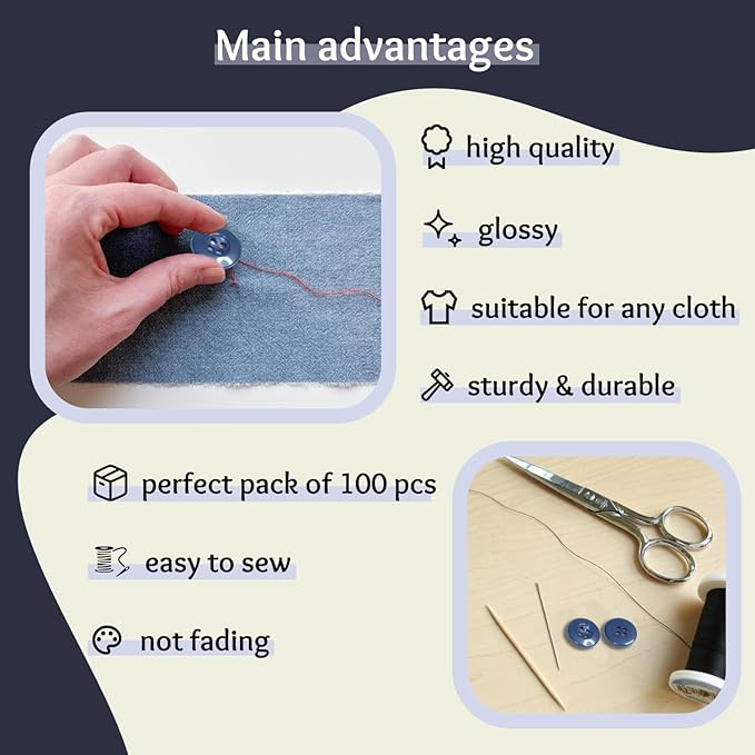 100 Pcs Navy Sewing Buttons 0.75 inch 4-Hole Round Buttons 30L Plastic Polished Glossy Finish 19mm Uniform Ideal for Jacket Work Uniforms Workwear School Outfits Aprons Pants Bags DIY Crafts