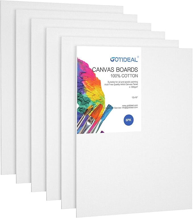 GOTIDEAL Canvases for Painting, 12x16 inch of 6 Pack, Professional Primed White Blank Flat Canvas Panels- 100% Cotton Artist Canvas Boards for Acrylics Painting, Oil Watercolor Tempera