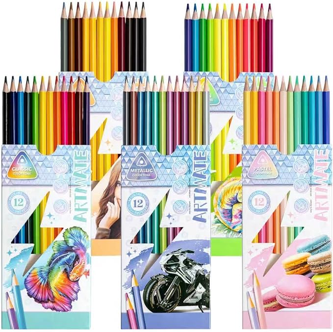 Colored Pencils Set, Neon, Pastel, Classic, Metallic, Skin Tone, Pre-Sharpened Coloring Pencils for Adults, Kids Beginners, Drawing, Sketching, Shading, Blending, Art Supplies (All 5 Sets–60 Colors)