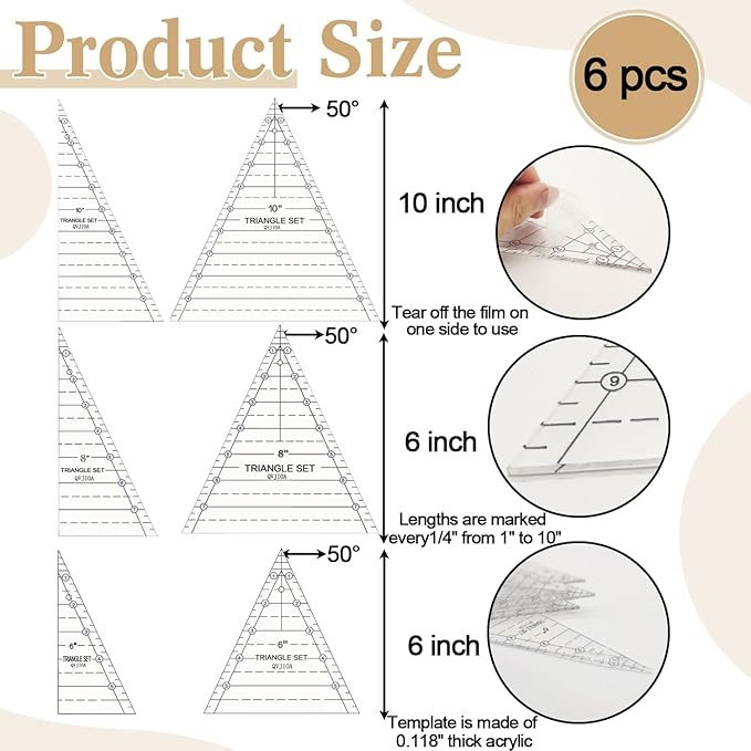 6 Set Tall Triangle Quilting Rulers for Quilting Templates 6 8 10 Inch Wedge Triangle Quilting Rulers and Templates, Sewing Templates for Sewing Cut Measurement DIY Craft Quilting Tools