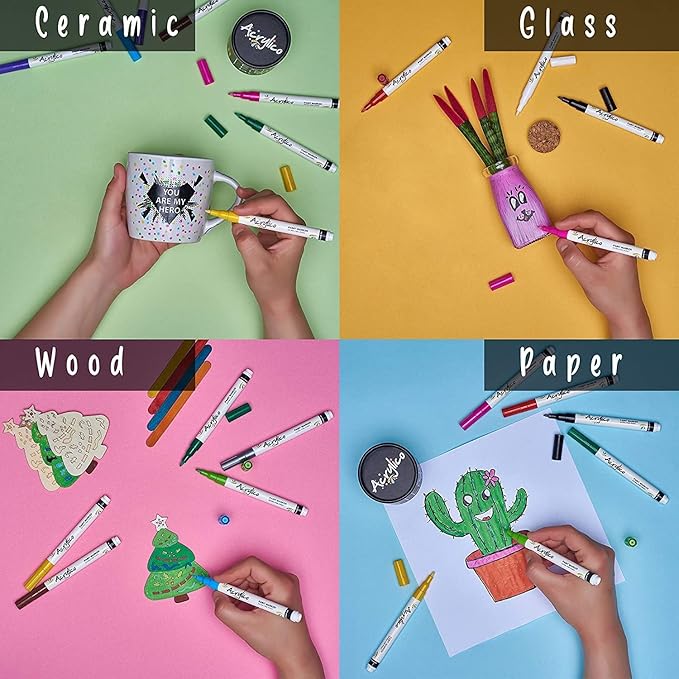 Acrylic Paint Markers Set – 12 Acrylic Paint Pens for Fabric, Metal, Rock Painting & Ceramic – Art Supplies for Adults & Kids